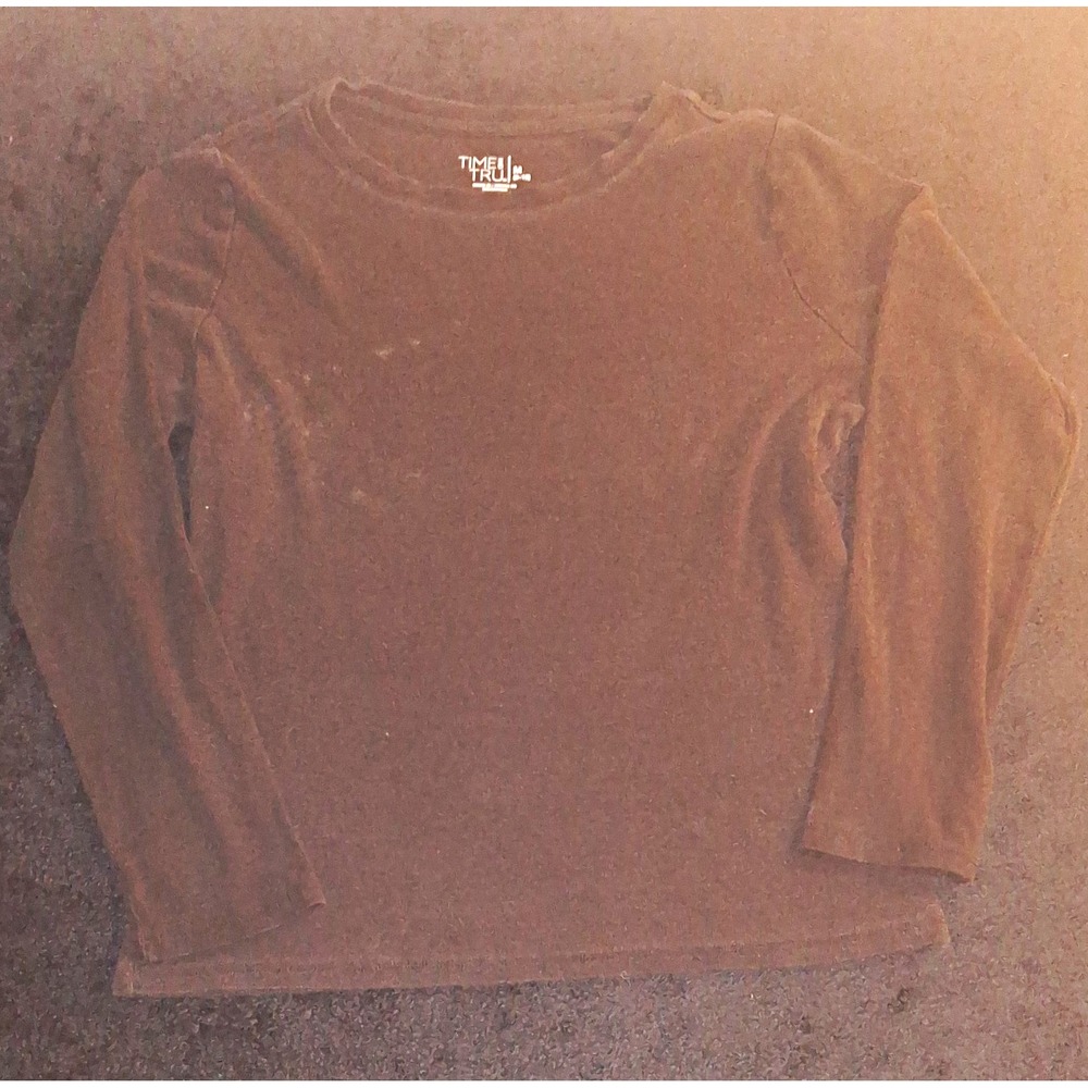 Time and Tru Women Brown Solid Crew Neck Long Sleeve Knit T-Shirt M